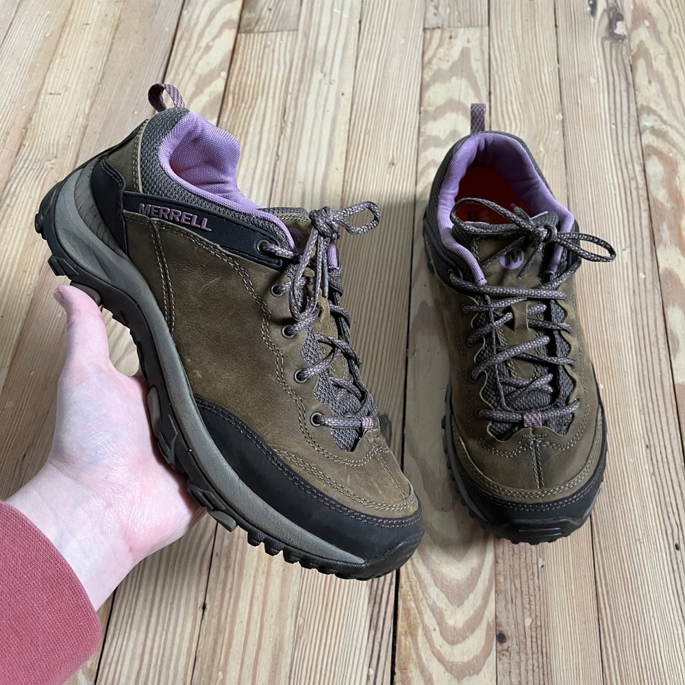Merrell Hiking Shoes Womens 10 Brindle Brown Purple Suede Trail Low J48314